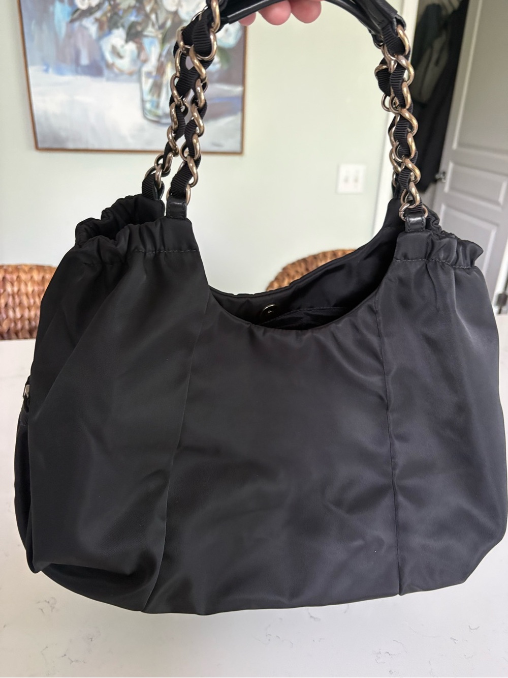 Salvatore Ferragamo Black Nylon Shoulder Bag with Chain-Detail Handles